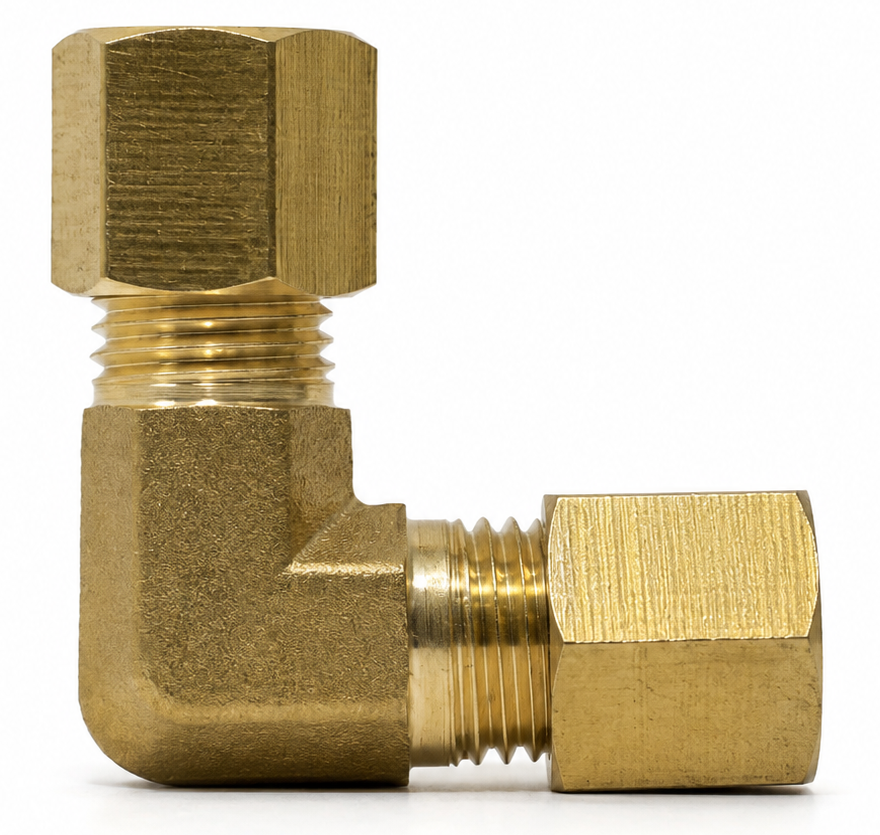 B,65 CODO TUERCA — Codo 90° en bronce con tuercas de compresión en ambos extremos.