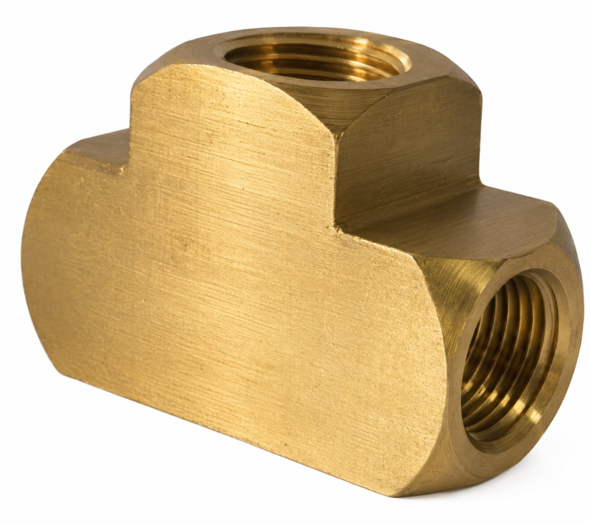B,101 TEE 1/4 x 1/4 x 1/4 NPT — Tee en bronce macizo con tres salidas hembra NPT.