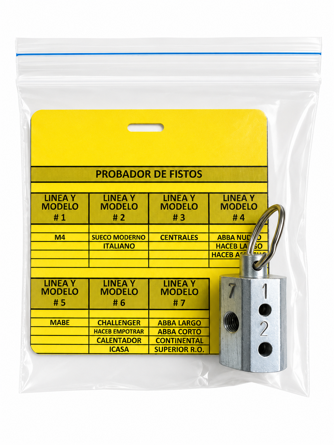 PROBADOR DE FISTOS — Probador de fistos en aluminio con calibres numerados para verificación de diámetros.