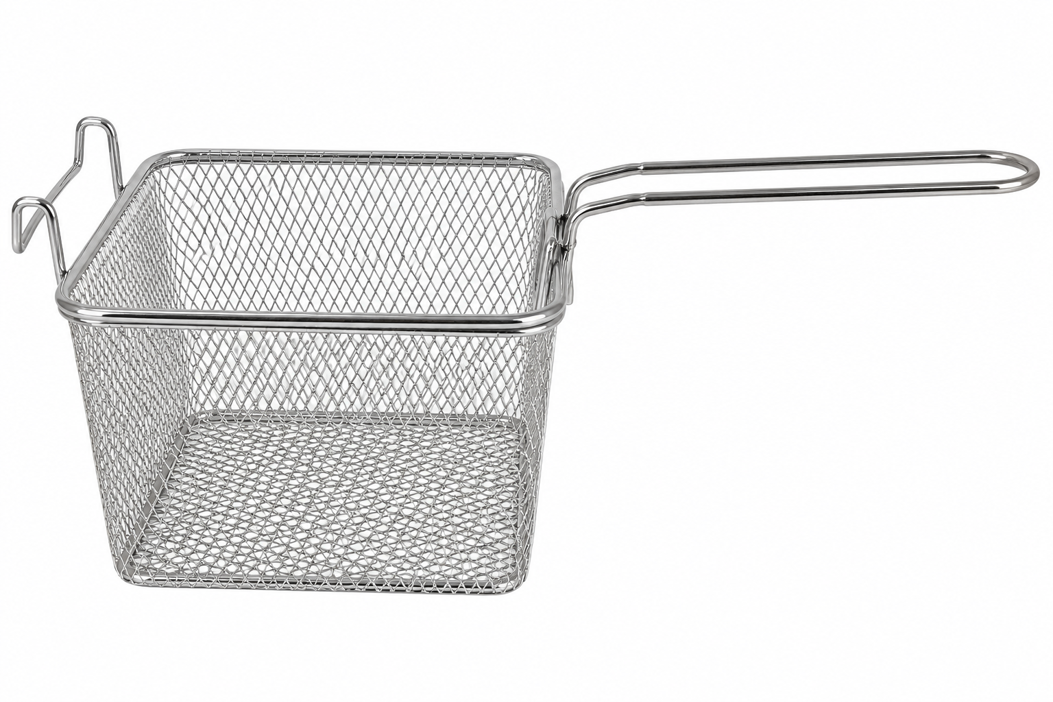 G,25 CANASTILLA PARA FREIDORA ESTAÑADA — Canastilla para freidora industrial en acero estañado con mango largo. Las medidas están en el siguiente orden: Largo X Ancho X Alto.