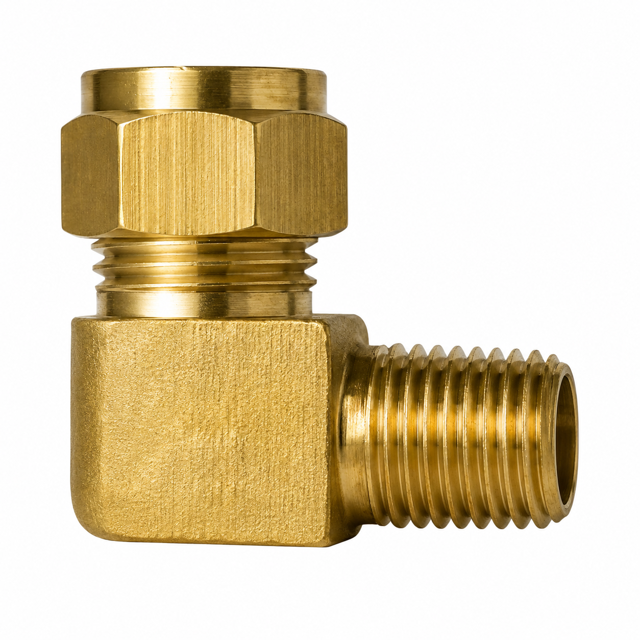 B,69 CODO ANILLO x NPT — Codo 90° en bronce con anillo de compresión y rosca macho NPT.
